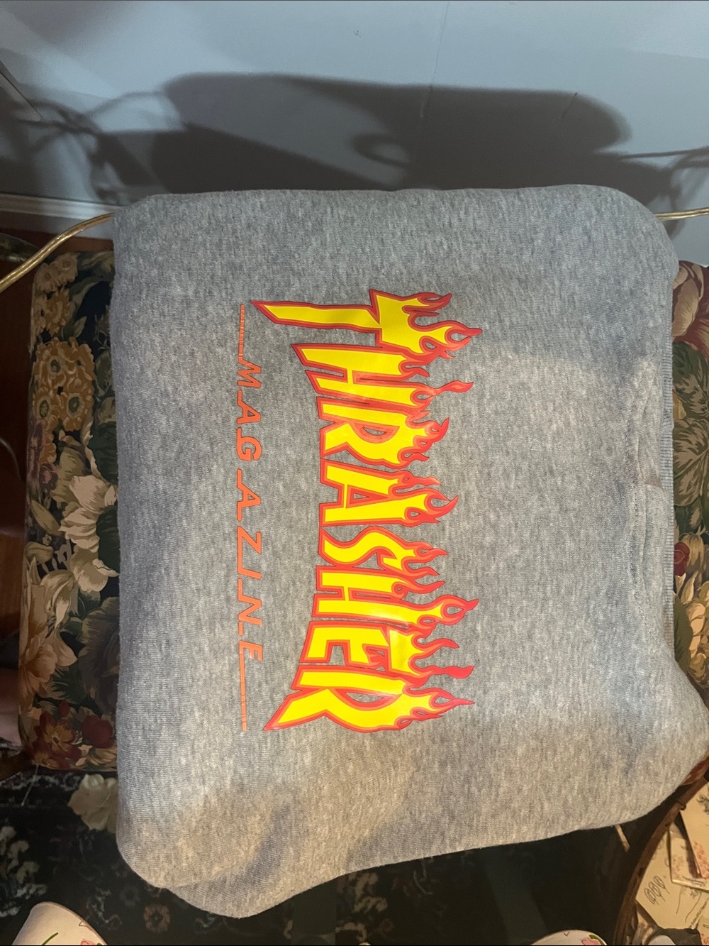 Thrasher Heather Gray Sweatshirt with Red and Yellow Flame Logo